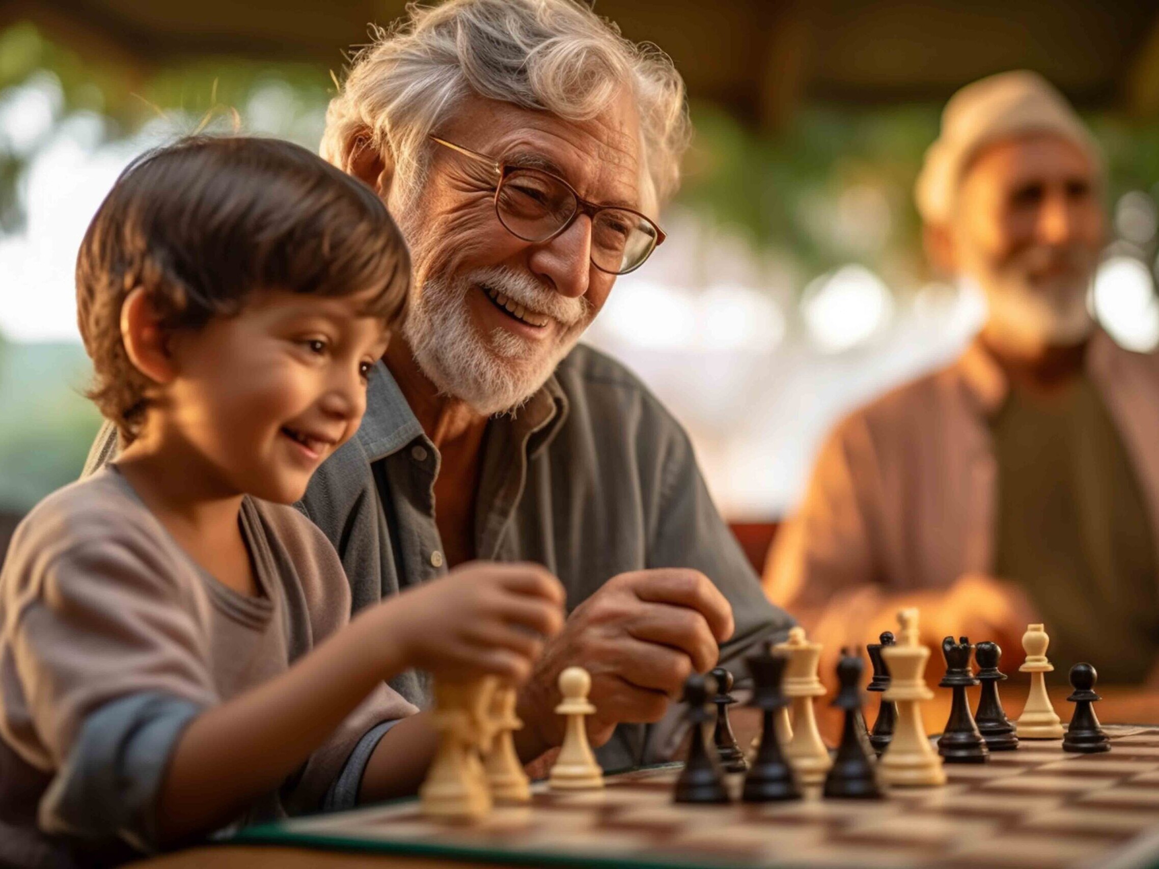 Älterer Mann mit Kind beim Schach spielen